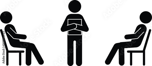 , two people sitting, moderator standing, workplace communication, legal consultation, dispute resolution, teamwork success
