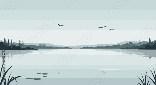 Serene lake with birds and lilies at dawn reflecting calm sky and landscapes. Vector illustration