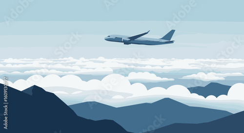 Airplane soaring over mountainous horizon with expansive cloudscape in tranquil sky. Vector illustration