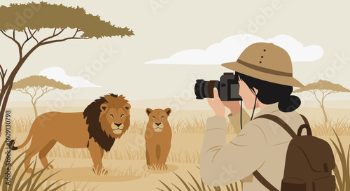Female photographer captures lions in african savanna landscape scene. Vector illustration