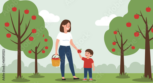Mother and child picking apples in orchard with basket and trees. Vector illustration
