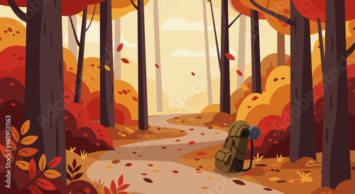 Autumn forest path with backpack among vibrant fall trees and leaves. Vector illustration
