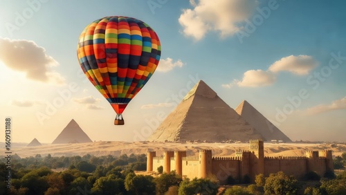 Colorful hot air balloon floats over ancient pyramids at sunrise