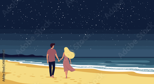 Young caucasian couple walking on beach at night under starry sky. Vector illustration