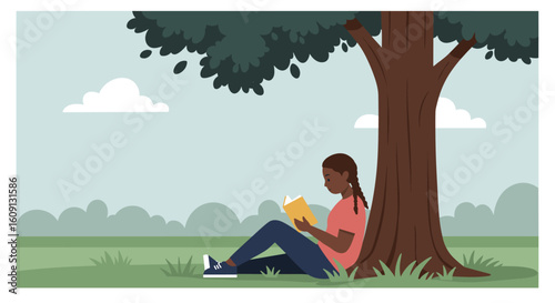 African young female reading book under tree in park relaxing outdoors. Vector illustration