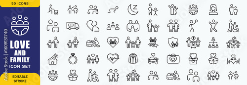 Family and love icon set. Containing parents, mother, father, children, baby, grandparents and household icons. Solid icon collection. Vector illustration