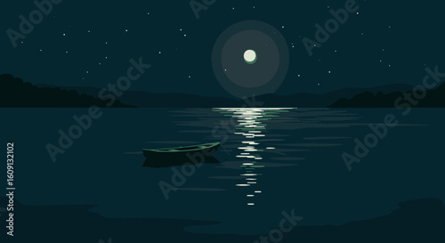 Tranquil night lake with boat and moonlit reflection under a starry sky. Vector illustration