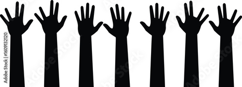 Silhouette of raised hands, group of people volunteering, teamwork unity concept, black hand illustration, vote support symbol, abstract equality design, minimal art