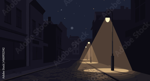 Quiet night street with lamp posts and cobbled road under starry sky. Vector illustration