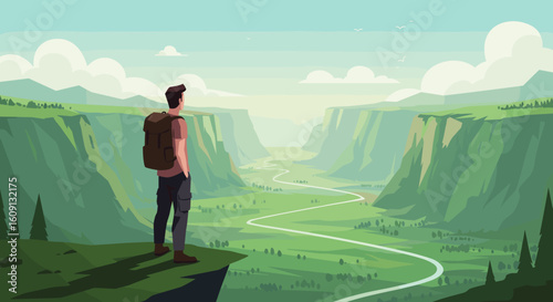 Young caucasian male adventurer exploring breathtaking mountain valley vista. Vector illustration