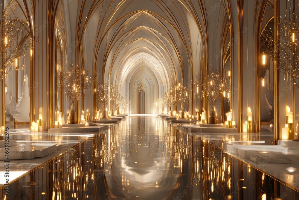Fototapeta premium Grand, arched hall with golden accents, reflecting pool, and candlelight