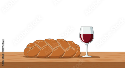 Freshly baked challah loaf with red wine on wooden table. Vector illustration