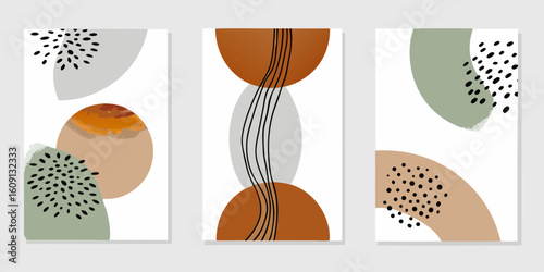 Abstract mid century modern triptych art with organic shapes and dots