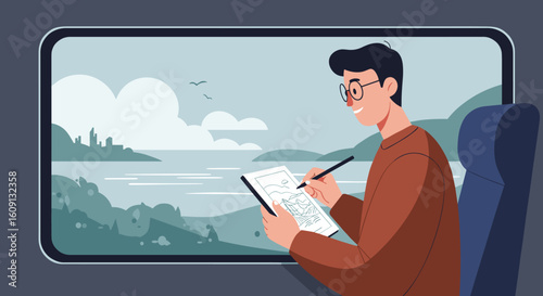 Young caucasian male sketching on tablet while traveling by train with scenic view. Vector illustration