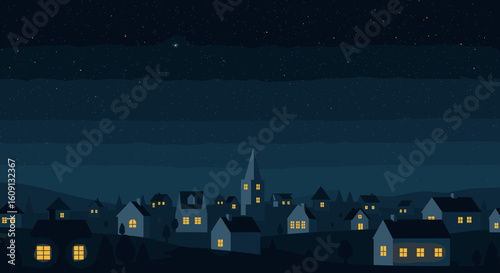 Starry night over cozy village with illuminated windows and hills. Vector illustration