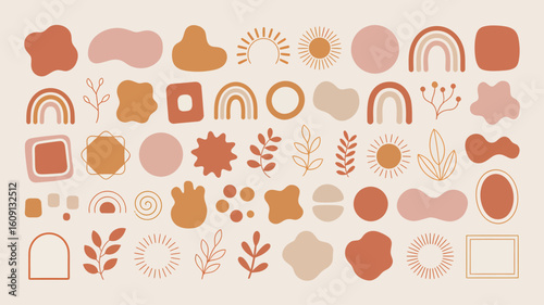 Collection of Minimalist Vector Shapes in Earthy Tones featuring Abstract Forms Sun Icons