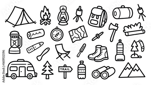 Black and White Hand Drawn Camping and Hiking Equipment Icons Set Doodle Style Illustration