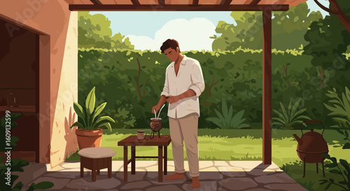 Young caucasian male enjoying outdoor drink preparation in sunny garden setting. Vector illustration