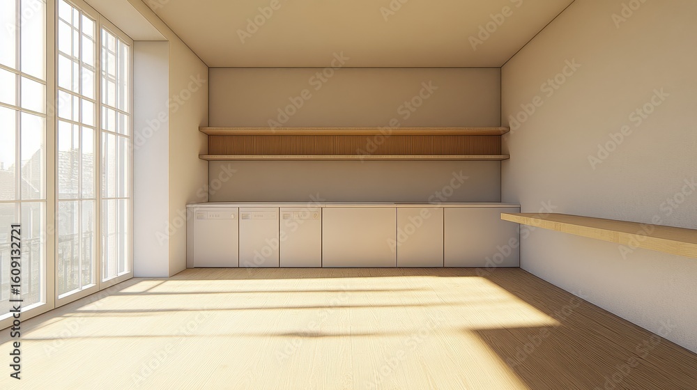 Fototapeta premium Empty room with modern kitchen cabinetry and wooden shelving.