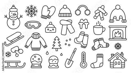 Black and White Hand Drawn Winter Icons Set Snowflakes Snowman Sledding Mittens Sweater Socks