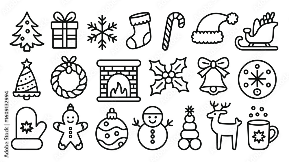 Fototapeta premium Collection of Hand Drawn Black and White Christmas Icons Festive Symbols Winter Holiday