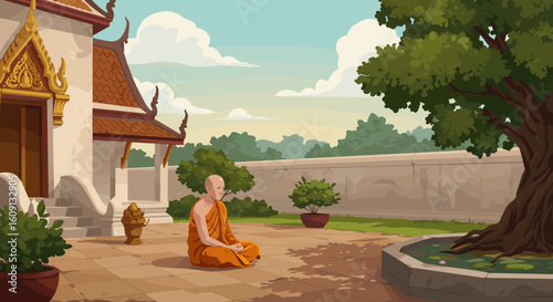 Male buddhist monk meditating outdoors near temple courtyard in peaceful asian religious setting. Vector illustration