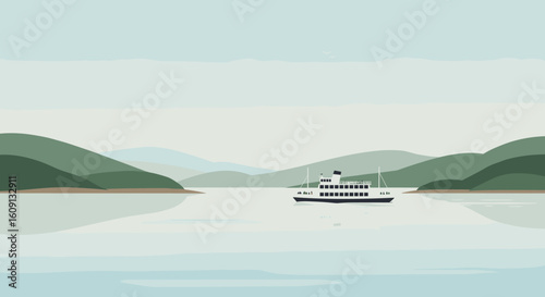 Serene lake with ferry boat and rolling hills under calm sky. Vector illustration