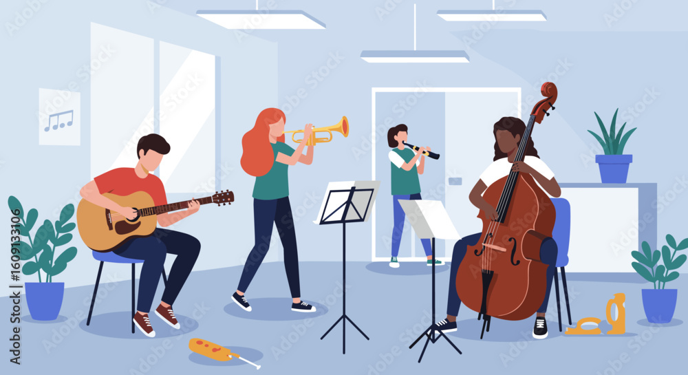 Diverse young musicians playing instruments in modern music classroom. Vector illustration