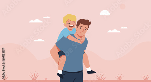 Loving bond between caucasian adult male and child in scenic outdoor setting. Vector illustration