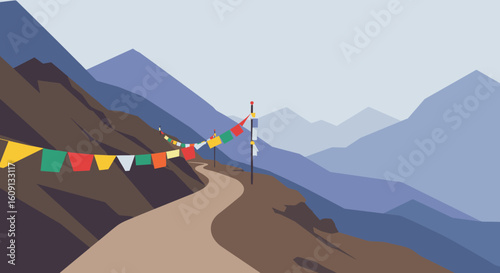 Serene mountain trail with colorful prayer flags in peaceful nature landscape. Vector illustration