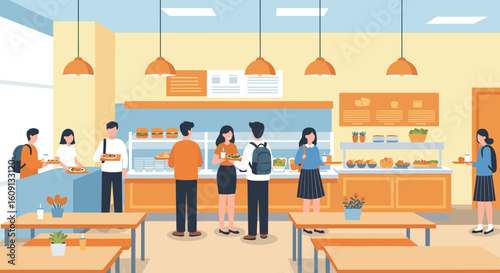 School cafeteria scene with diverse students eating and socializing. Vector illustration