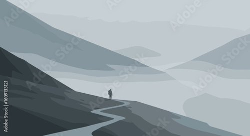Solitary hiker on mountain path in misty landscape. Vector illustration