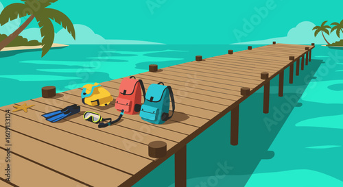 Tropical beach pier with colorful backpacks and snorkeling gear. Vector illustration