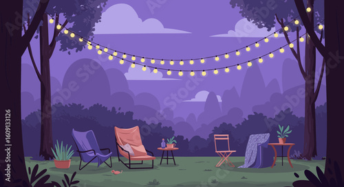 Cozy evening backyard with string lights and garden chairs under purple sky. Vector illustration