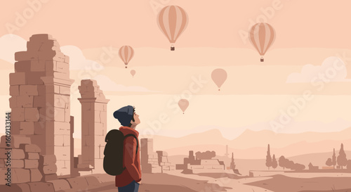 Young hispanic male exploring ancient ruins with hot air balloons in serene sky. Vector illustration