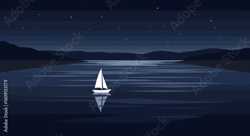 Sailboat gliding on calm nighttime lake under starry sky with mountain silhouettes. Vector illustration