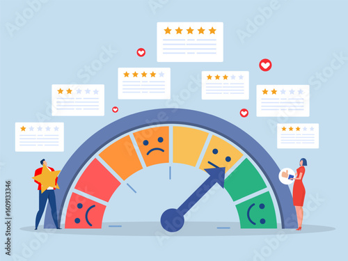 businessman review employee performance with gauge and star.Performance review, employee rating assessment,quality scale feedback vector