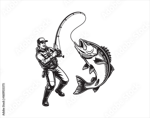 A fisher with a spinning rod hooked a big one. It's a sport or an emblem. Vector illustration, set apart.