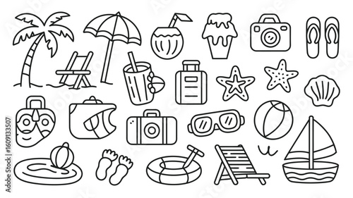 Black and White Line Art Summer Vacation Icons Collection Beach Palm Tree Sunglasses Flip Flops