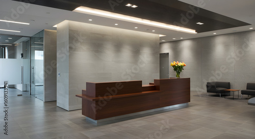 A modern office lobby with a dark wood reception desk, a textured accent wall, and a waiting area.