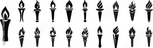Flame or fire torch icons set in flat vector styles. Burning flame group, heat symbol collection, Olympic torch, medieval light, festival fire, camping flare and survival torch illustrations.