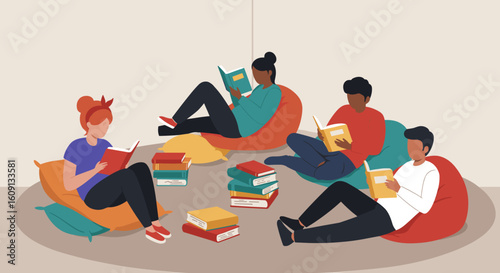 Diverse group of young adults reading books on colorful bean bags. Vector illustration