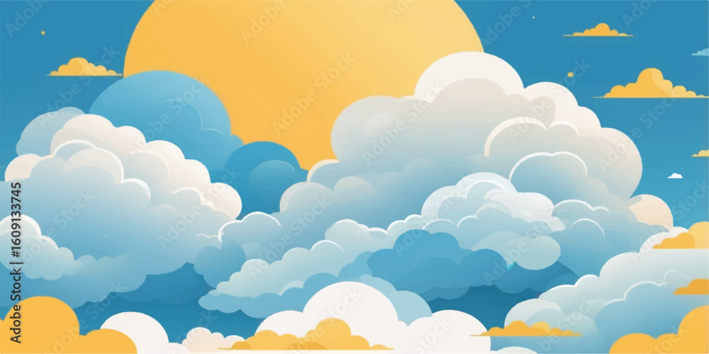 A vibrant vector illustration captures a sunny summer day with bright clouds and a radiant sun in a blue sky A vibrant vector illustration captures a sunny summer day with bright clouds and a radiant sun in a blue sky