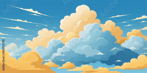 Blue sky with bright sun over white clouds and mountain landscape