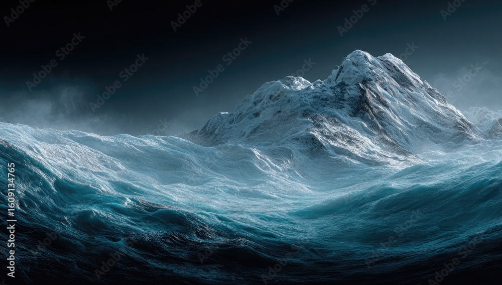 Fototapeta premium Snowy mountains rise above turbulent, dark teal waves