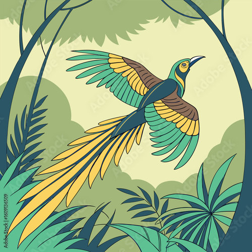 Vibrant bird of paradise banner advertisement design featuring exotic flora and fauna in a tropical setting