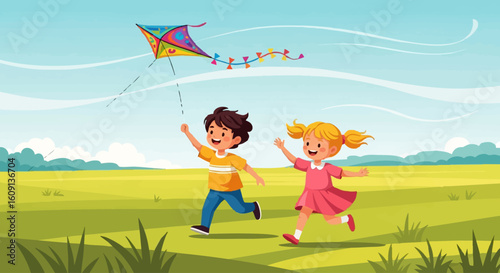 A joyful boy and girl run across a green meadow, flying a colorful kite high in the sky.