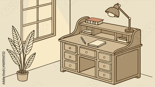 Illustration of vintage roll top desk with lamp and plant for home office interior design decor ideas