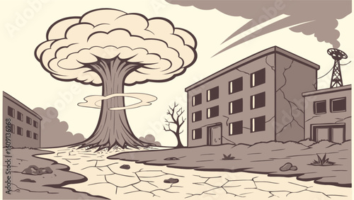Nuclear explosion fallout in city landscape illustration vector graphic design for apocalypse concept scene 100