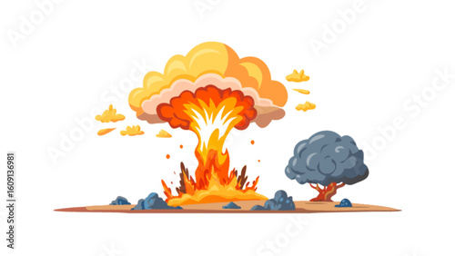 Cartoon fire explosion vector illustration mushroom cloud and tree landscape design element for games and animation